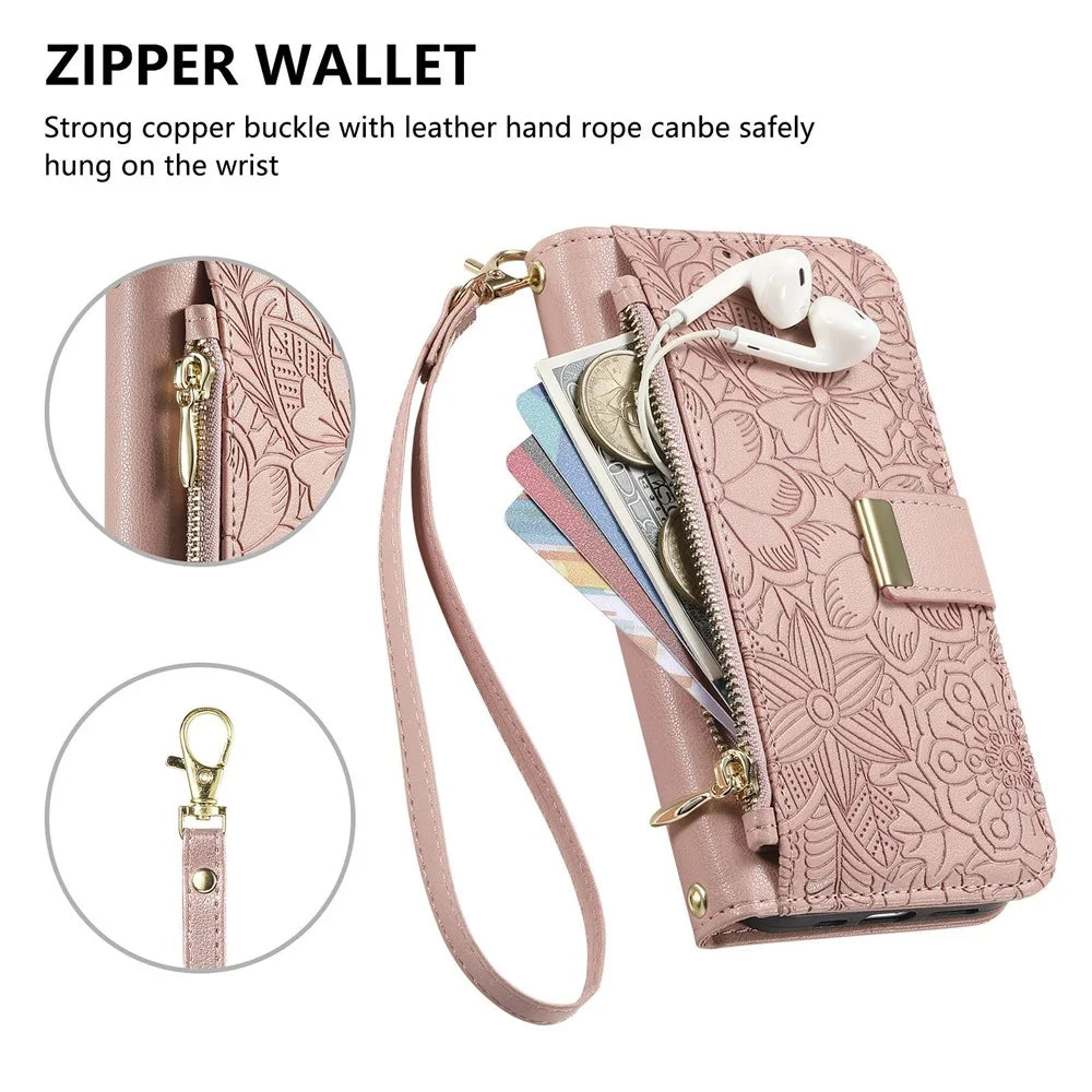 For Samsung Galaxy S25 Edge Case Floral Leaf Pattern Multi Card Slots Zipper Leather Phone Cover with Wrist Strap - Pink - 6