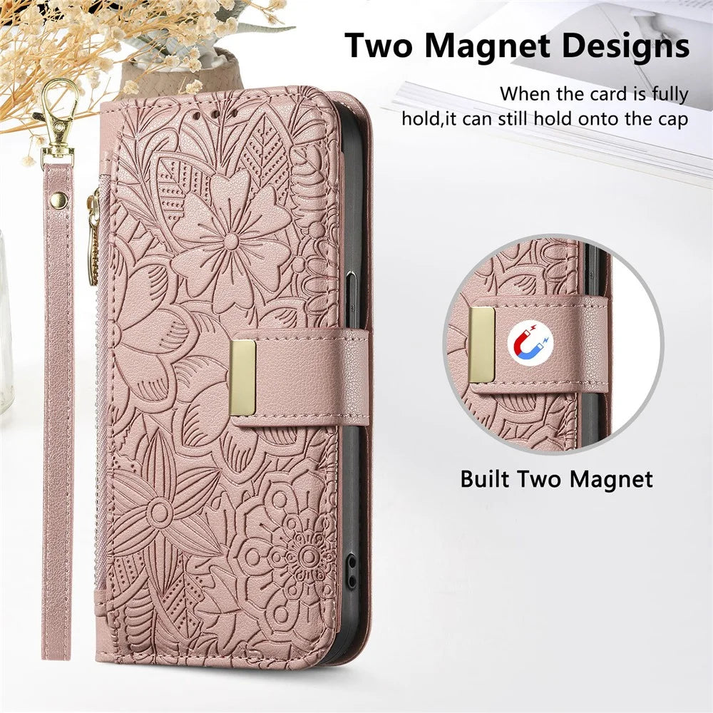 For Samsung Galaxy S25 Edge Case Floral Leaf Pattern Multi Card Slots Zipper Leather Phone Cover with Wrist Strap - Pink - 7