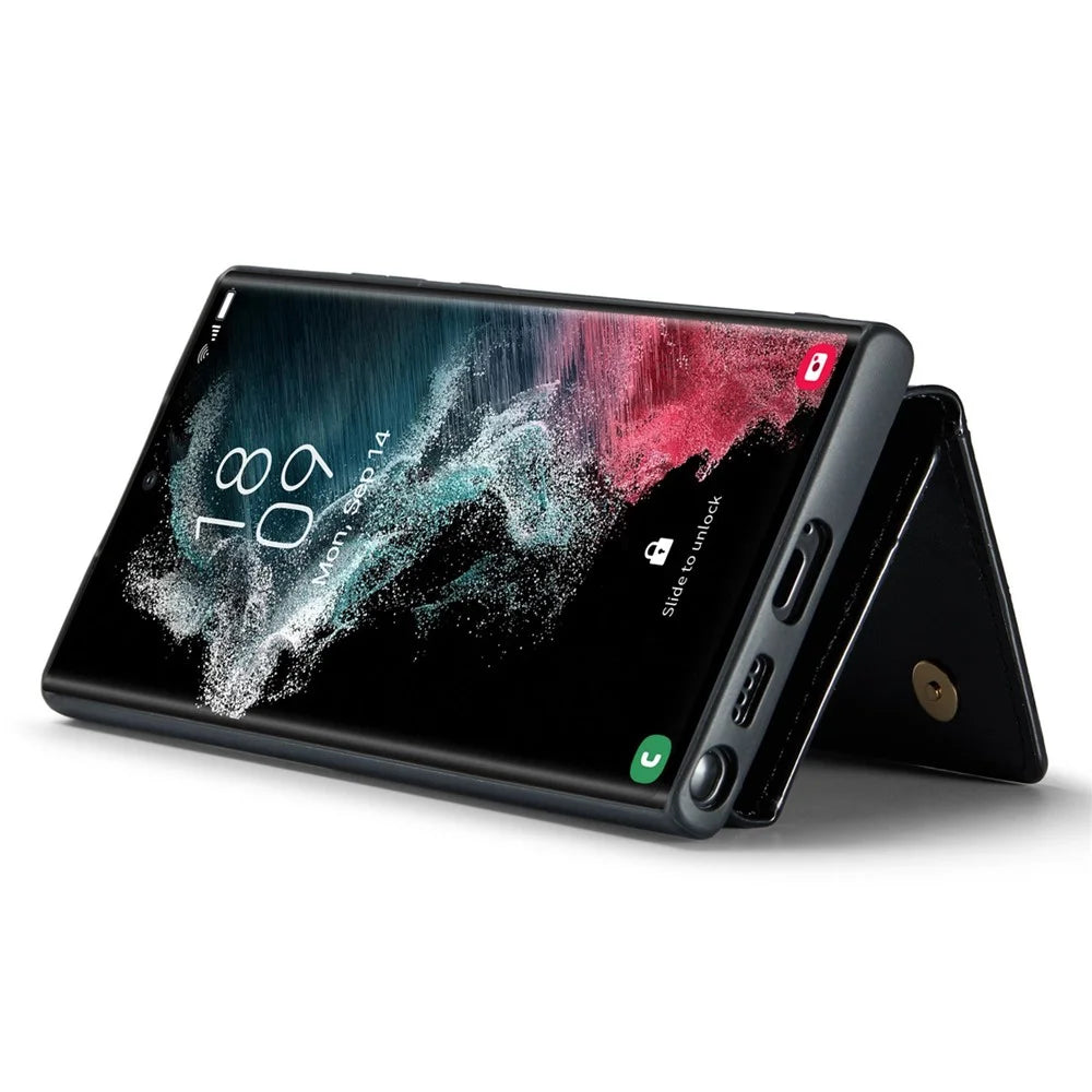 DG.MING M3 Series For Samsung Galaxy S23 Ultra 2-in-1 Glittery PU Leather Coated PC+TPU Back Case Magnetic Detachable Zipper Wallet Anti-drop Phone Cover with Kickstand - Black - 4