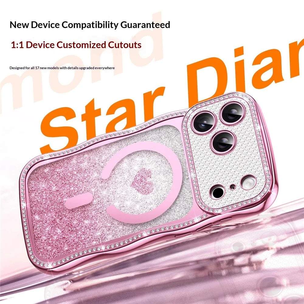 For iPhone 17 Pro Max Magnetic Case Electroplated Wave Frame Rhinestone Decor TPU PC Phone Cover with Love Glitter Paper - Pink - 2