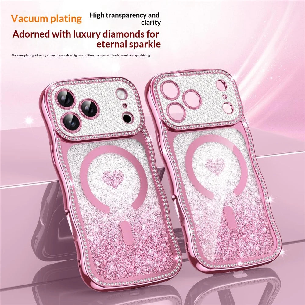 For iPhone 17 Pro Max Magnetic Case Electroplated Wave Frame Rhinestone Decor TPU PC Phone Cover with Love Glitter Paper - Pink - 3