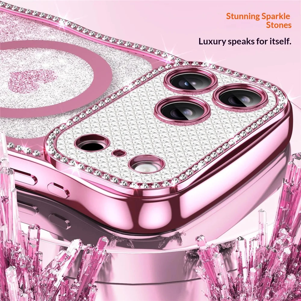 For iPhone 17 Pro Max Magnetic Case Electroplated Wave Frame Rhinestone Decor TPU PC Phone Cover with Love Glitter Paper - Pink - 4