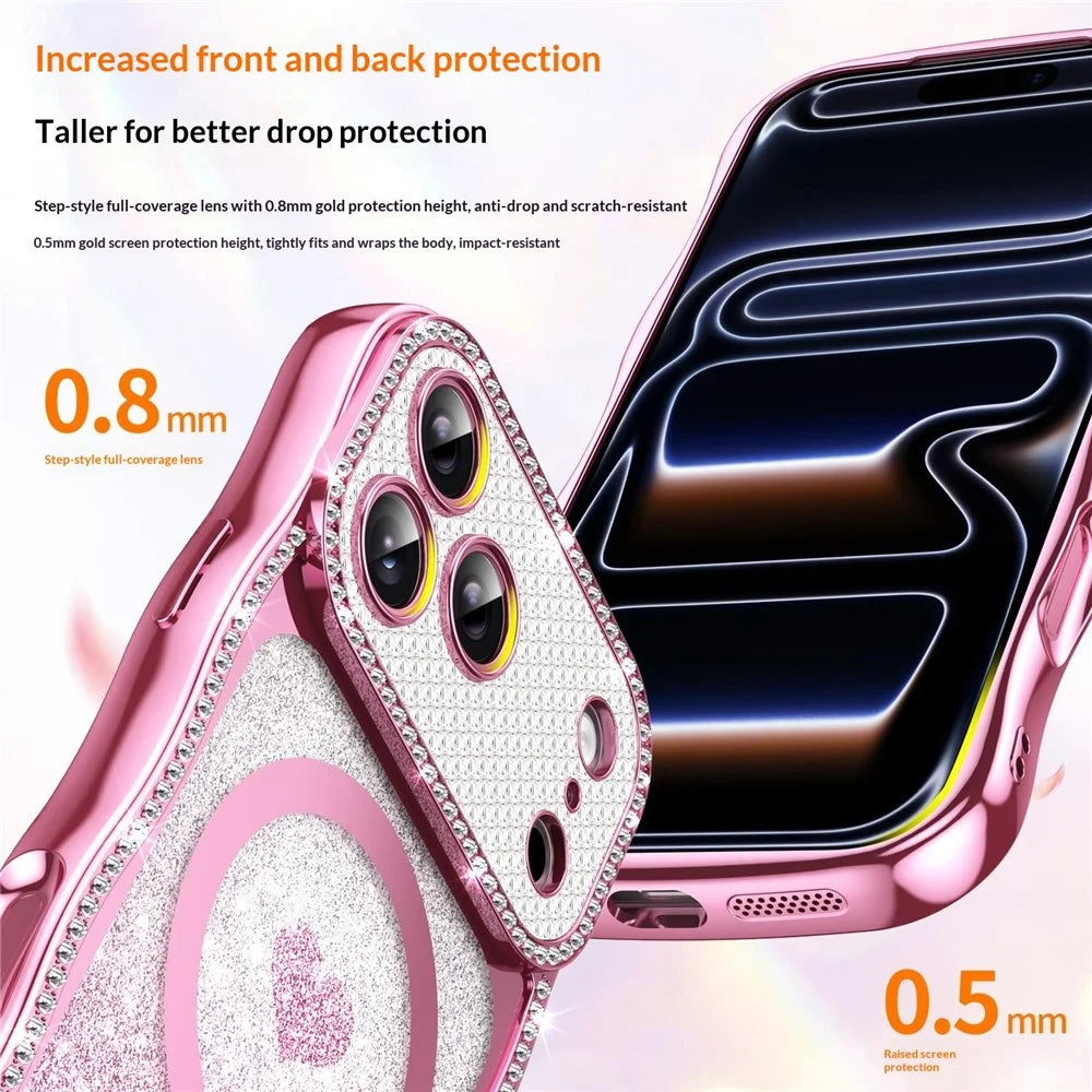 For iPhone 17 Pro Max Magnetic Case Electroplated Wave Frame Rhinestone Decor TPU PC Phone Cover with Love Glitter Paper - Pink - 5