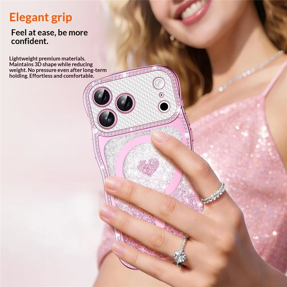 For iPhone 17 Pro Max Magnetic Case Electroplated Wave Frame Rhinestone Decor TPU PC Phone Cover with Love Glitter Paper - Pink - 6