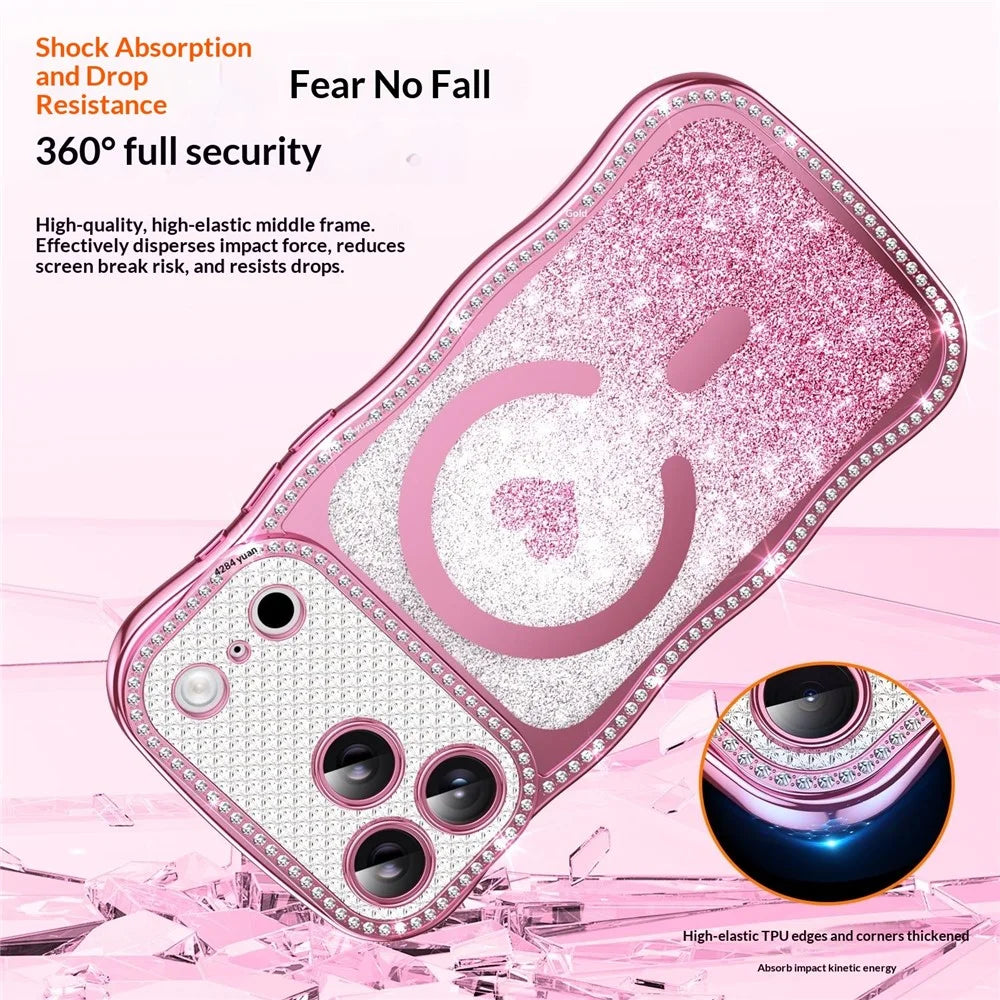 For iPhone 17 Pro Max Magnetic Case Electroplated Wave Frame Rhinestone Decor TPU PC Phone Cover with Love Glitter Paper - Pink - 7
