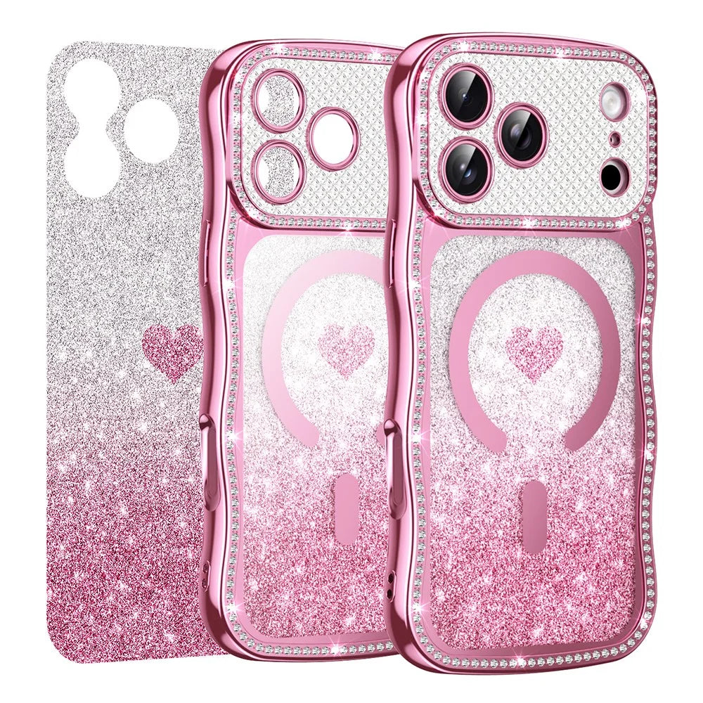 For iPhone  18 Pro / 17  Pro Magnetic Case Electroplated Wave Frame Rhinestone Decor TPU PC Phone Cover with Love Glitter Paper - Pink - 1
