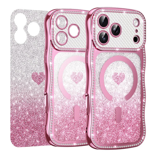 For iPhone  18 Pro / 17  Pro Magnetic Case Electroplated Wave Frame Rhinestone Decor TPU PC Phone Cover with Love Glitter Paper - Pink - 1