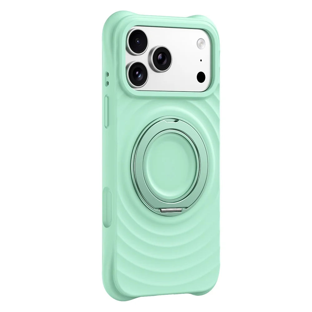 For iPhone 17 Pro Magnetic Case Rotating Kickstand Ripple Texture Liquid Silicone Shockproof Phone Cover - Cyan - 1