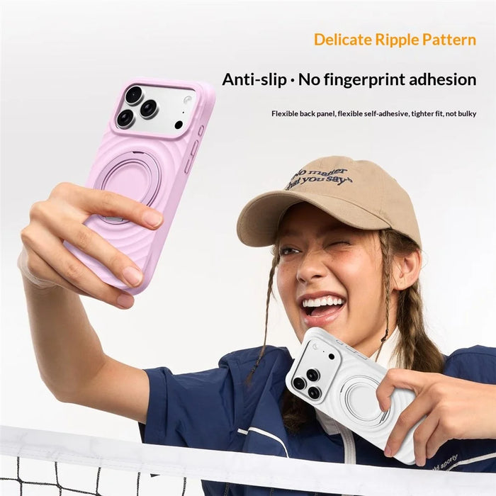 For iPhone 17 Pro Magnetic Case Rotating Kickstand Ripple Texture Liquid Silicone Shockproof Phone Cover - Cyan - 7