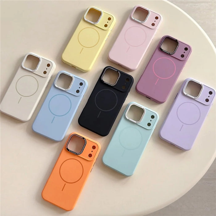For iPhone 17 Pro Max Case Compatible with MagSafe Rhinestone Decor Lens Frame Silicone Phone Cover - Orange - 6