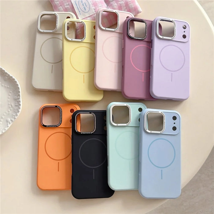 For iPhone 17 Pro Max Case Compatible with MagSafe Rhinestone Decor Lens Frame Silicone Phone Cover - Orange - 7
