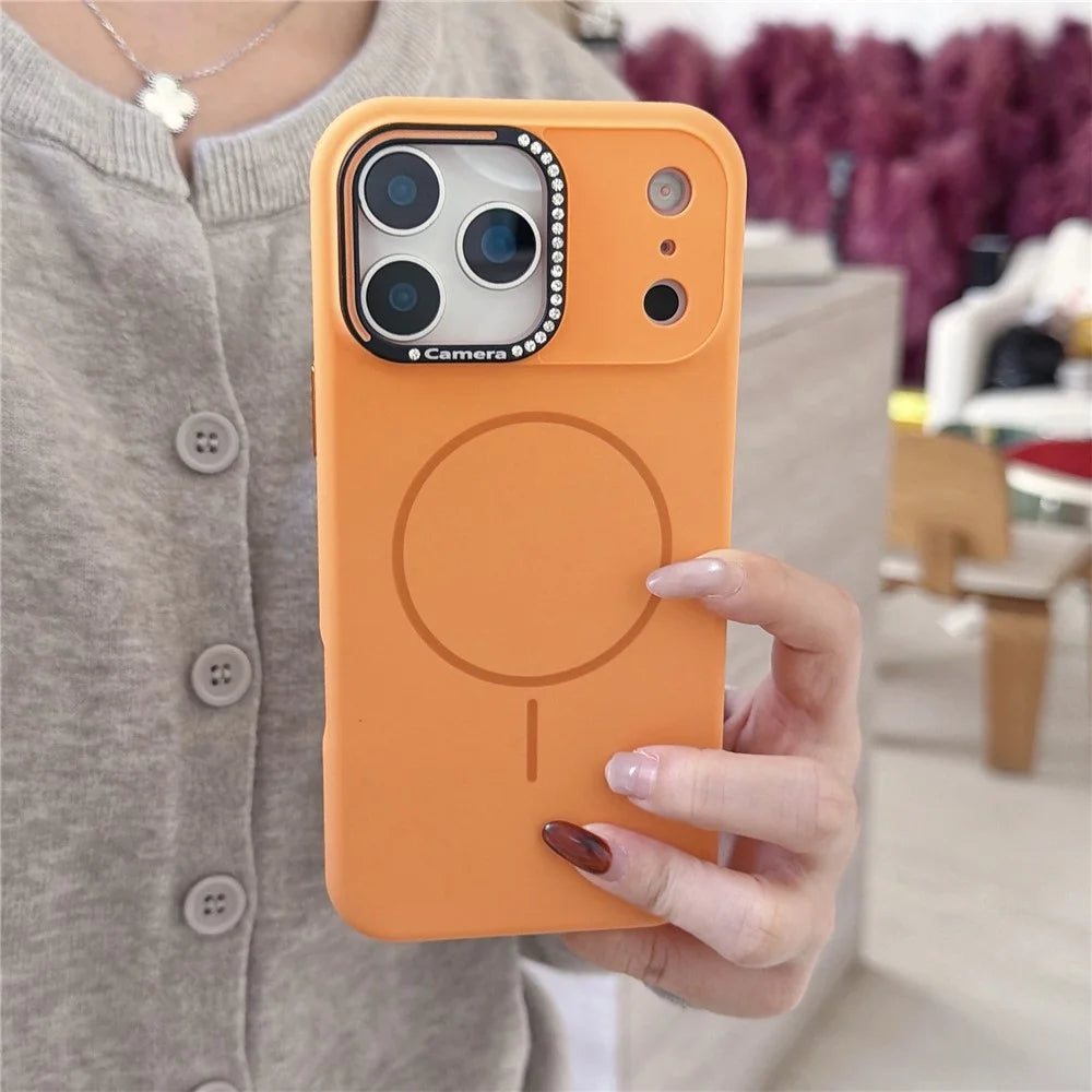 For iPhone 17 Pro Case Compatible with MagSafe Rhinestone Decor Lens Frame Silicone Phone Cover - Orange - 2