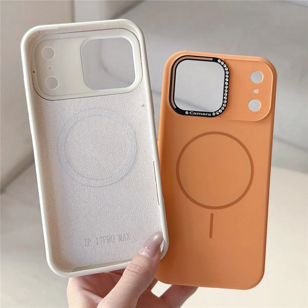 For iPhone 17 Pro Case Compatible with MagSafe Rhinestone Decor Lens Frame Silicone Phone Cover - Orange - 3