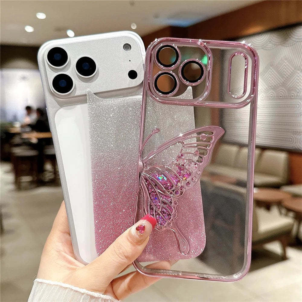 For iPhone 17 Pro Case Quicksand Butterfly TPU Phone Cover with Glass Lens Film - Silver - 2