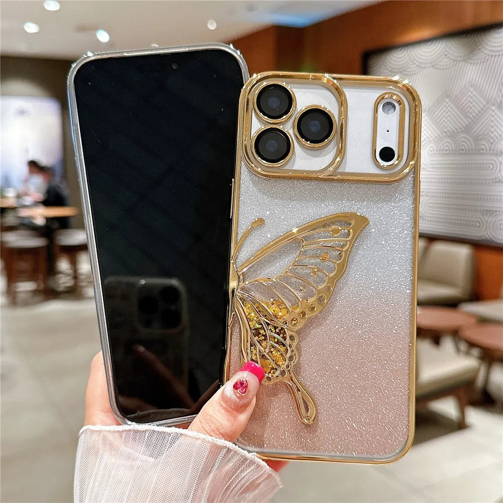 For iPhone 17 Pro Case Quicksand Butterfly TPU Phone Cover with Glass Lens Film - Silver - 3