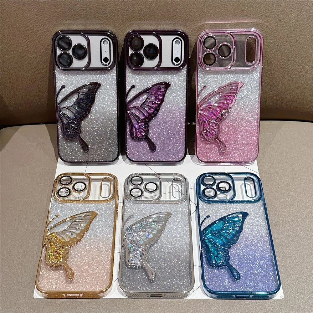 For iPhone 17 Pro Case Quicksand Butterfly TPU Phone Cover with Glass Lens Film - Silver - 6