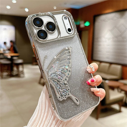 For iPhone 17 Pro Max Case Quicksand Butterfly TPU Phone Cover with Glass Lens Film - Silver - 1