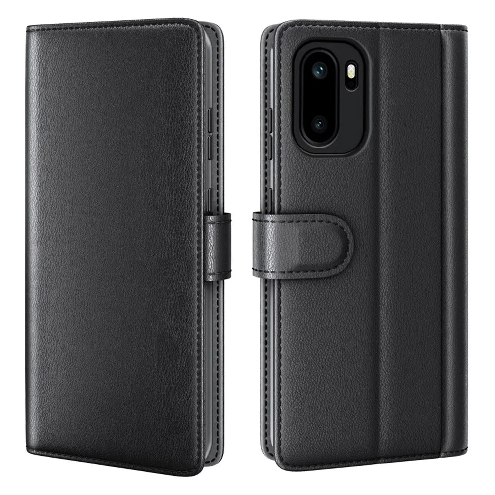 For OnePlus Ace 6 5G Case Genuine Split Leather Phone Cover with Wallet Stand - Black - 1