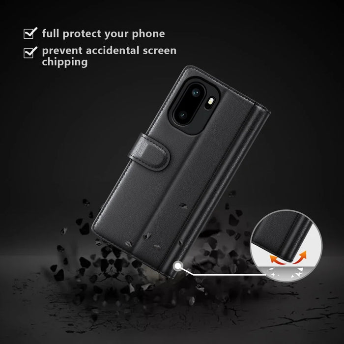 For OnePlus Ace 6 5G Case Genuine Split Leather Phone Cover with Wallet Stand - Black - 6