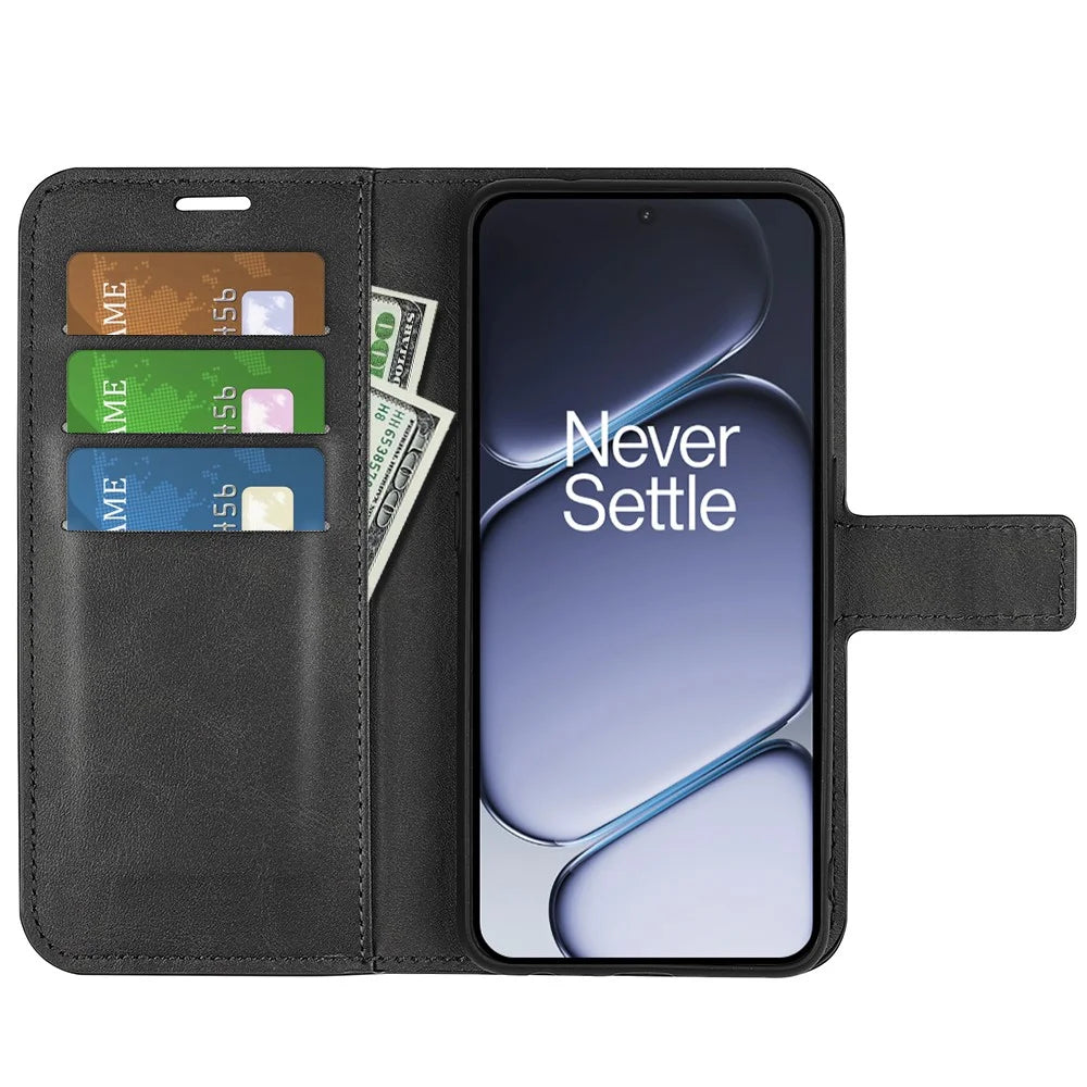 For OnePlus Ace 6 5G Stand Case Anti-Scratch Calf Texture Leather Phone Cover - Black - 2