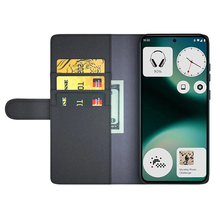 For Nothing Phone (3a) Lite 5G Case Genuine Split Leather Phone Cover with Wallet Stand - Black - 2