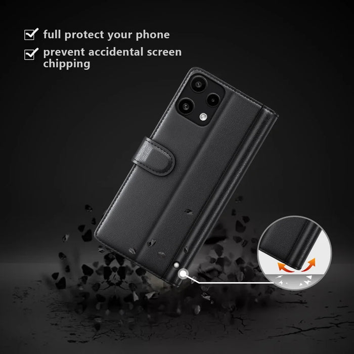 For Nothing Phone (3a) Lite 5G Case Genuine Split Leather Phone Cover with Wallet Stand - Black - 6