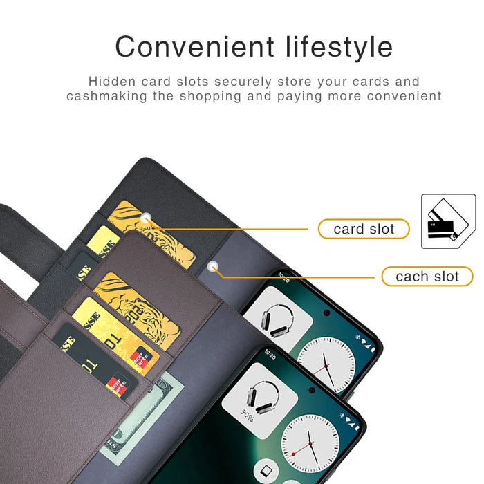 For Nothing Phone (3a) Lite 5G Case Genuine Split Leather Phone Cover with Wallet Stand - Black - 7