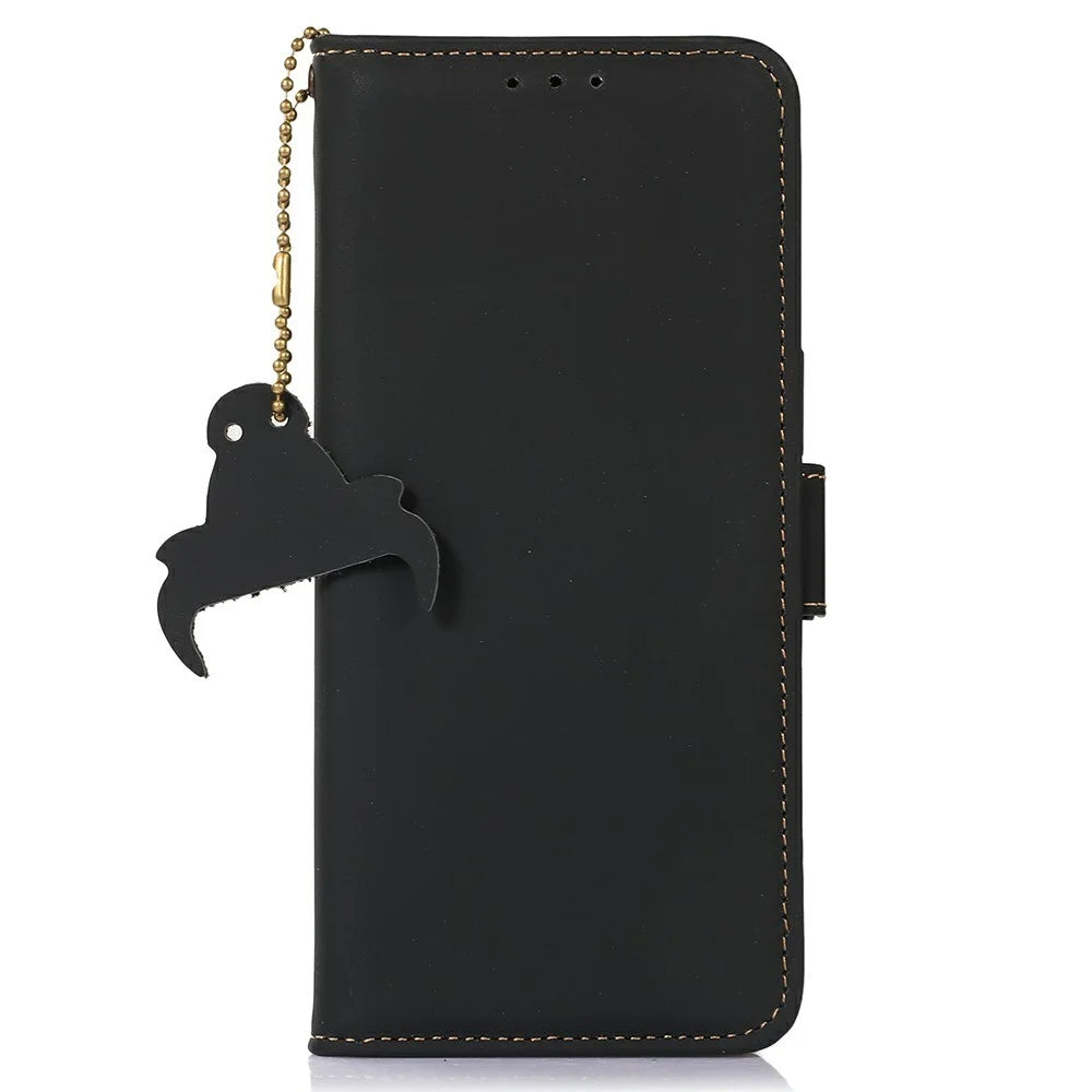 For Samsung Galaxy S26+ Wallet Case Anti-Drop Genuine Cow Leather Phone Cover RFID Blocking - Black - 6