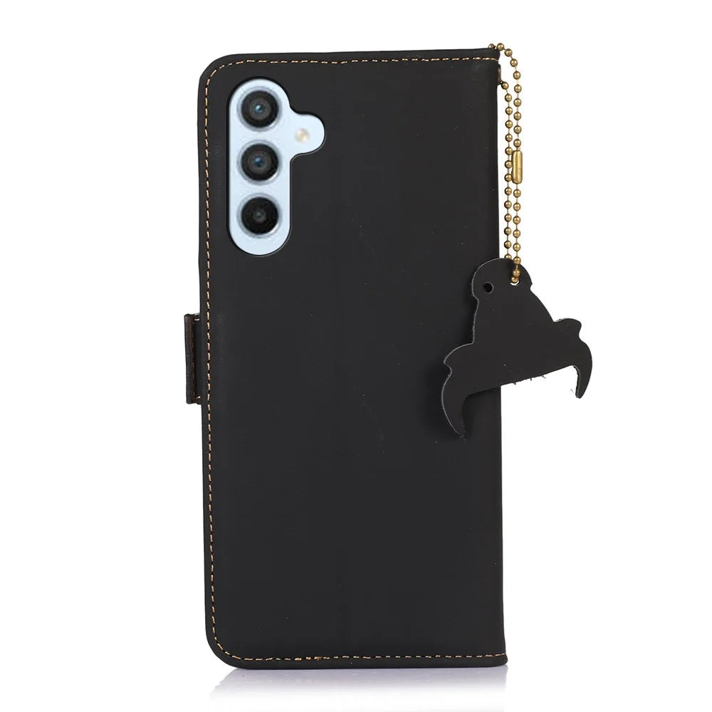 For Samsung Galaxy S26+ Wallet Case Anti-Drop Genuine Cow Leather Phone Cover RFID Blocking - Black - 7