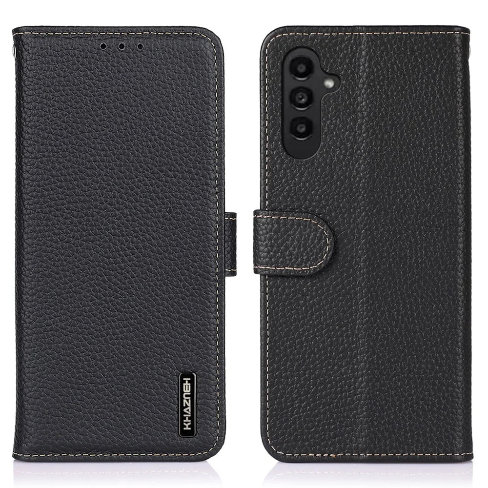 KHAZNEH For Samsung Galaxy S26+ Case Genuine Cow Leather Flip Phone Cover - Black - 1