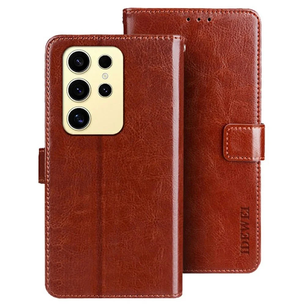 IDEWEI For Samsung Galaxy S26 Ultra Stand Case Crazy Horse Texture Leather Phone Cover - Brown - 1