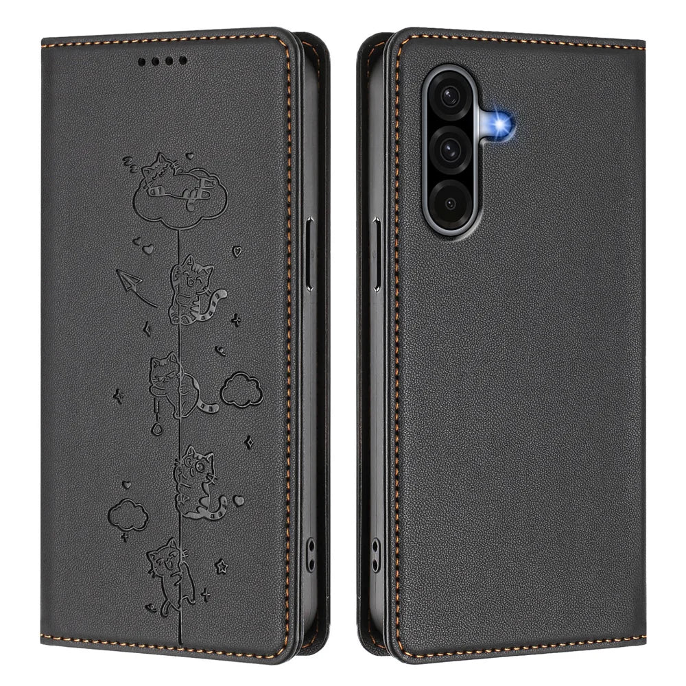 For Samsung Galaxy A18 5G / A18 4G / A17 5G / A17 4G / A26 5G Case RFID Blocking Wallet Stand Imprinted Cat Pattern Leather Phone Cover - Black - 1