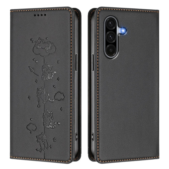 For Samsung Galaxy A18 5G / A18 4G / A17 5G / A17 4G / A26 5G Case RFID Blocking Wallet Stand Imprinted Cat Pattern Leather Phone Cover - Black - 1