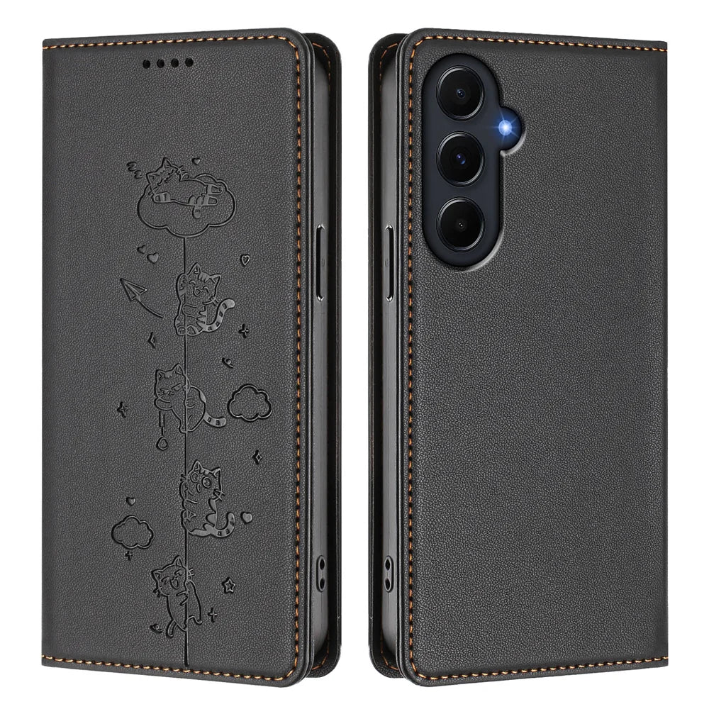 For Samsung Galaxy A55 5G Case RFID Blocking Wallet Stand Imprinted Cat Pattern Leather Phone Cover - Black - 1