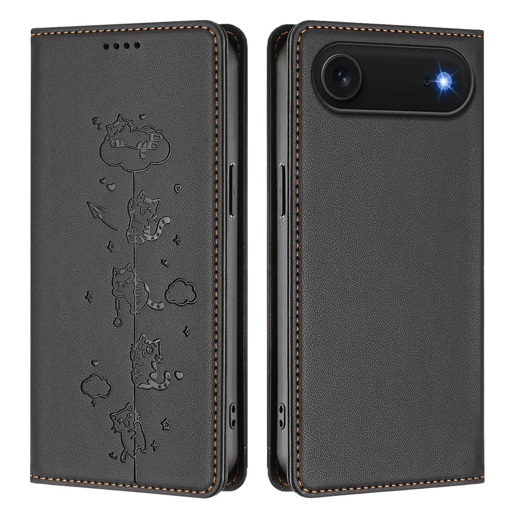 For iPhone Air Case RFID Blocking Wallet Stand Imprinted Cat Pattern Leather Phone Cover - Black - 1