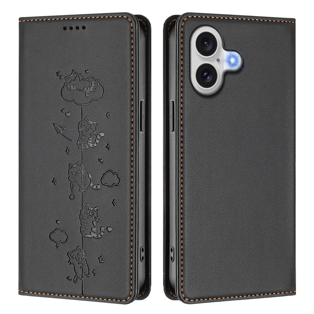 For iPhone 17 Case RFID Blocking Wallet Stand Imprinted Cat Pattern Leather Phone Cover - Black - 1