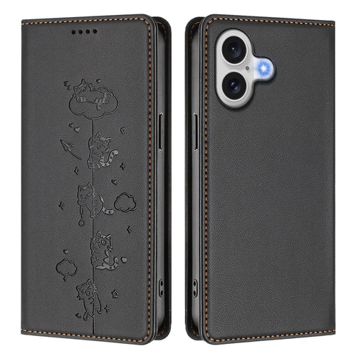 For iPhone 17 Case RFID Blocking Wallet Stand Imprinted Cat Pattern Leather Phone Cover - Black - 1