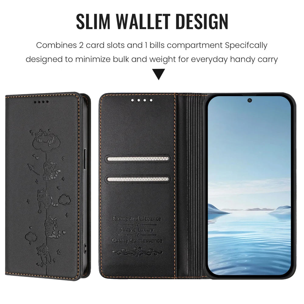 For iPhone 17 Case RFID Blocking Wallet Stand Imprinted Cat Pattern Leather Phone Cover - Black - 6
