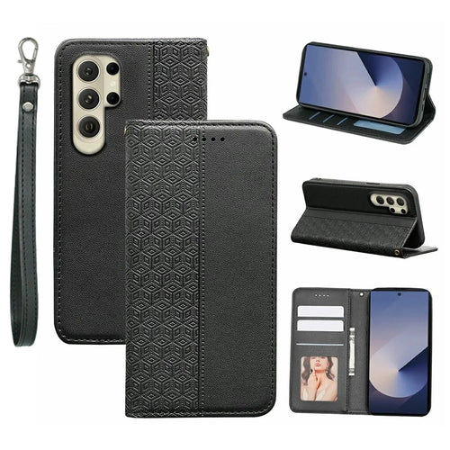 For Samsung Galaxy S26 Ultra Wallet Phone Case Checkered Pattern Imprint Leather Flip Cover with Wrist Strap - Black - 1