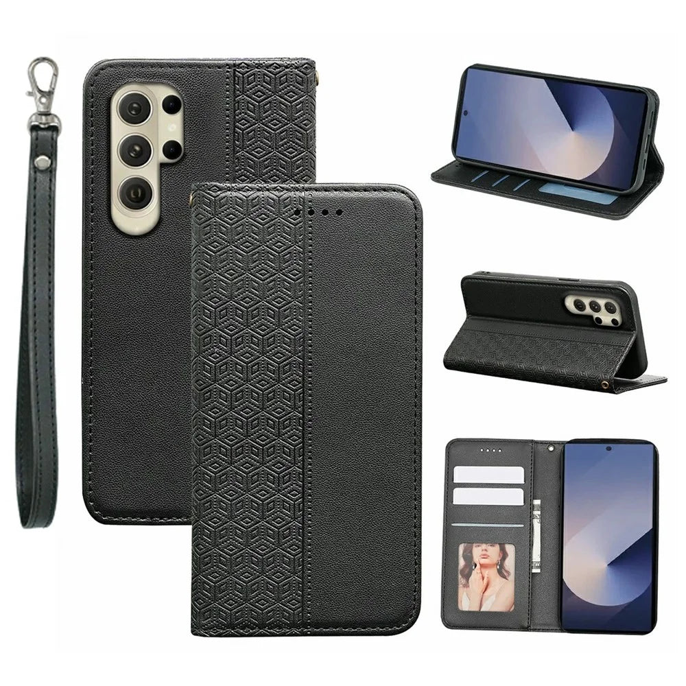 For Samsung Galaxy S26 Ultra Wallet Phone Case Checkered Pattern Imprint Leather Flip Cover with Wrist Strap - Black - 1