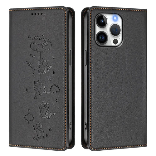 For iPhone 16 Pro Max Case RFID Blocking Wallet Stand Imprinted Cat Pattern Leather Phone Cover - Black - 1