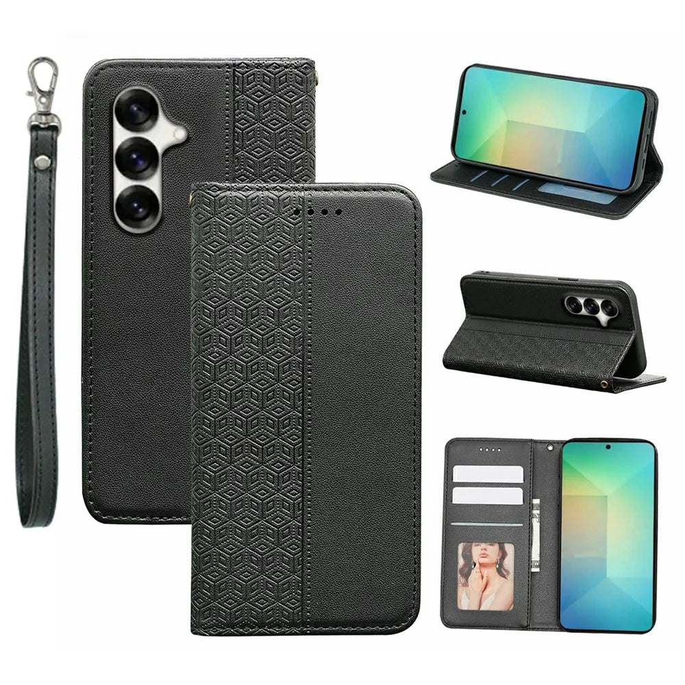 For Samsung Galaxy S26+ Wallet Phone Case Checkered Pattern Imprint Leather Flip Cover with Wrist Strap - Black - 1