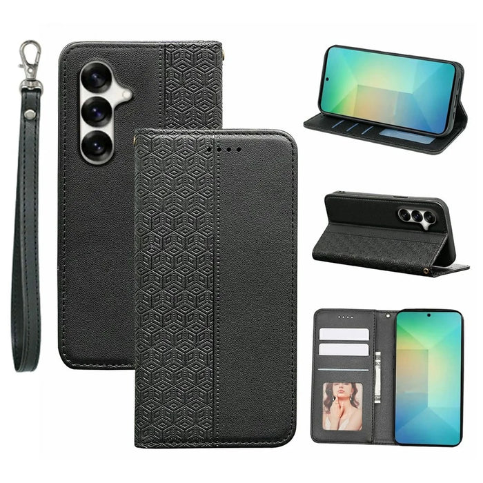 For Samsung Galaxy S26+ Wallet Phone Case Checkered Pattern Imprint Leather Flip Cover with Wrist Strap - Black - 1