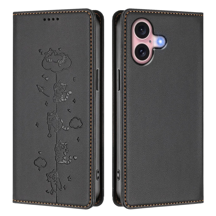 For iPhone 16 Case RFID Blocking Wallet Stand Imprinted Cat Pattern Leather Phone Cover - Black - 1