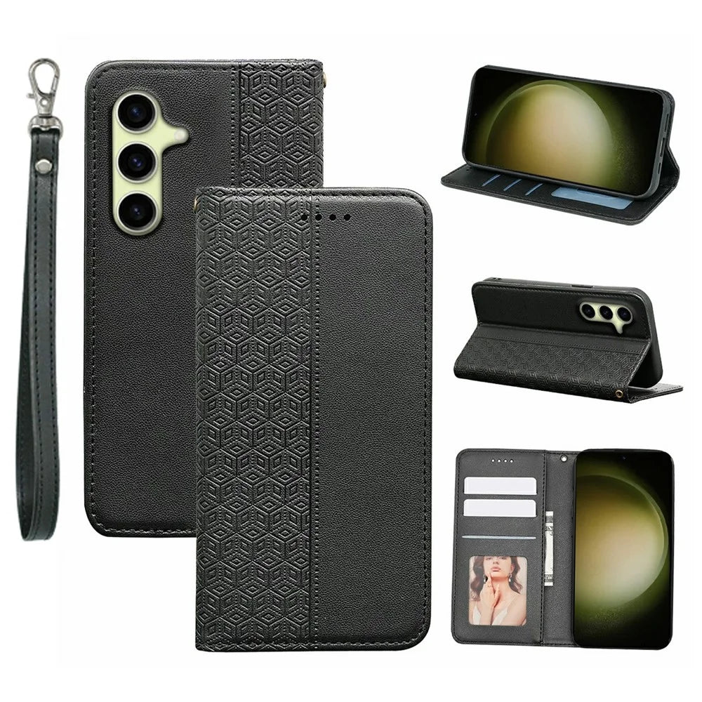 For Samsung Galaxy S26 Wallet Phone Case Checkered Pattern Imprint Leather Flip Cover with Wrist Strap - Black - 1