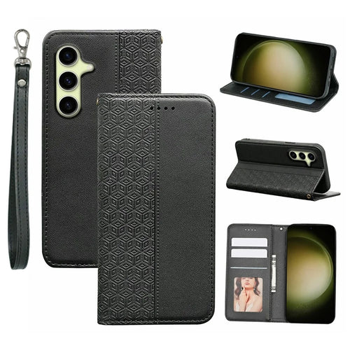 For Samsung Galaxy S26 Wallet Phone Case Checkered Pattern Imprint Leather Flip Cover with Wrist Strap - Black - 1