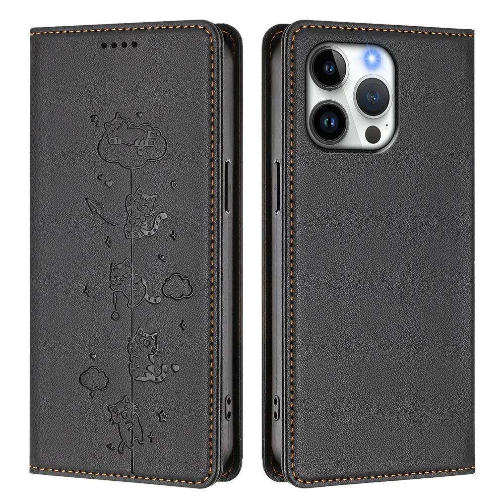 For iPhone 16 Pro Case RFID Blocking Wallet Stand Imprinted Cat Pattern Leather Phone Cover - Black - 1