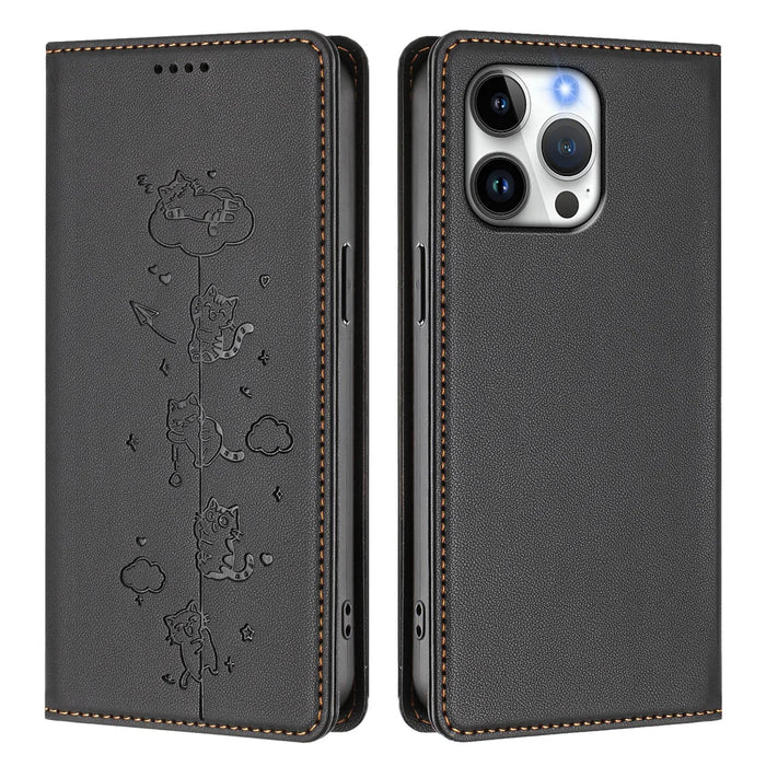 For iPhone 16 Pro Case RFID Blocking Wallet Stand Imprinted Cat Pattern Leather Phone Cover - Black - 1