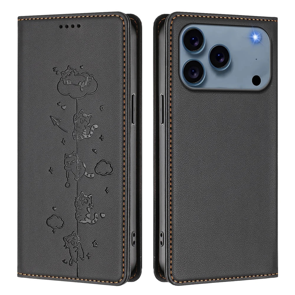 For iPhone 18 Pro / 17 Pro Case RFID Blocking Wallet Stand Imprinted Cat Pattern Leather Phone Cover - Black - 1