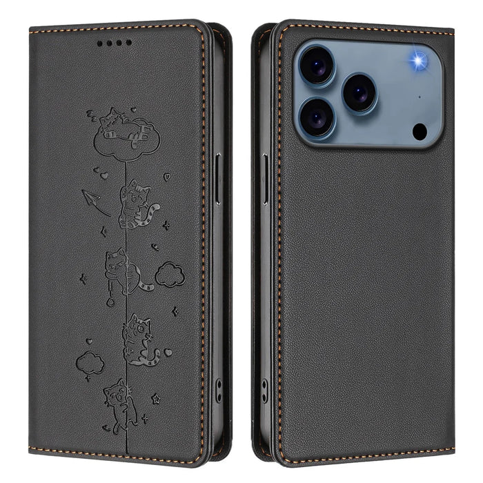 For iPhone 18 Pro / 17 Pro Case RFID Blocking Wallet Stand Imprinted Cat Pattern Leather Phone Cover - Black - 1